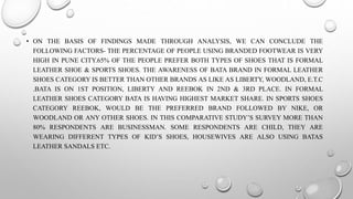 • ON THE BASIS OF FINDINGS MADE THROUGH ANALYSIS, WE CAN CONCLUDE THE
FOLLOWING FACTORS- THE PERCENTAGE OF PEOPLE USING BRANDED FOOTWEAR IS VERY
HIGH IN PUNE CITY.65% OF THE PEOPLE PREFER BOTH TYPES OF SHOES THAT IS FORMAL
LEATHER SHOE & SPORTS SHOES. THE AWARENESS OF BATA BRAND IN FORMAL LEATHER
SHOES CATEGORY IS BETTER THAN OTHER BRANDS AS LIKE AS LIBERTY, WOODLAND, E.T.C
.BATA IS ON 1ST POSITION, LIBERTY AND REEBOK IN 2ND & 3RD PLACE. IN FORMAL
LEATHER SHOES CATEGORY BATA IS HAVING HIGHEST MARKET SHARE. IN SPORTS SHOES
CATEGORY REEBOK, WOULD BE THE PREFERRED BRAND FOLLOWED BY NIKE, OR
WOODLAND OR ANY OTHER SHOES. IN THIS COMPARATIVE STUDY’S SURVEY MORE THAN
80% RESPONDENTS ARE BUSINESSMAN. SOME RESPONDENTS ARE CHILD, THEY ARE
WEARING DIFFERENT TYPES OF KID’S SHOES, HOUSEWIVES ARE ALSO USING BATAS
LEATHER SANDALS ETC.
 
