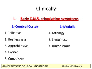 COMPLICATIONS OF LOCAL ANESTHESIA Hesham El-Hawary
Clinically	
  	
  
I.  Early	
  C.N.S.	
  s&mula&on	
  symptoms	
  	
  ...