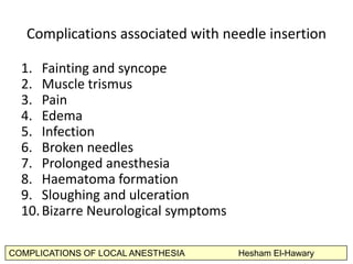 COMPLICATIONS OF LOCAL ANESTHESIA Hesham El-Hawary
ComplicaJons	
  associated	
  with	
  needle	
  inserJon	
  	
  
1.  Fa...