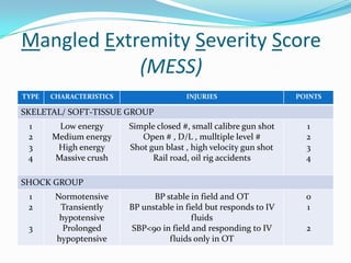 Mangled Extremity Severity Score
            (MESS)
TYPE   CHARACTERISTICS                  INJURIES                   POINTS

SKELETAL/ SOFT-TISSUE GROUP
 1      Low energy       Simple closed #, small calibre gun shot     1
 2     Medium energy        Open # , D/L , mulltiple level #         2
 3      High energy      Shot gun blast , high velocity gun shot     3
 4     Massive crush           Rail road, oil rig accidents          4

SHOCK GROUP
 1      Normotensive           BP stable in field and OT             0
 2       Transiently     BP unstable in field but responds to IV     1
         hypotensive                      fluids
 3        Prolonged       SBP<90 in field and responding to IV       2
        hypoptensive               fluids only in OT
 