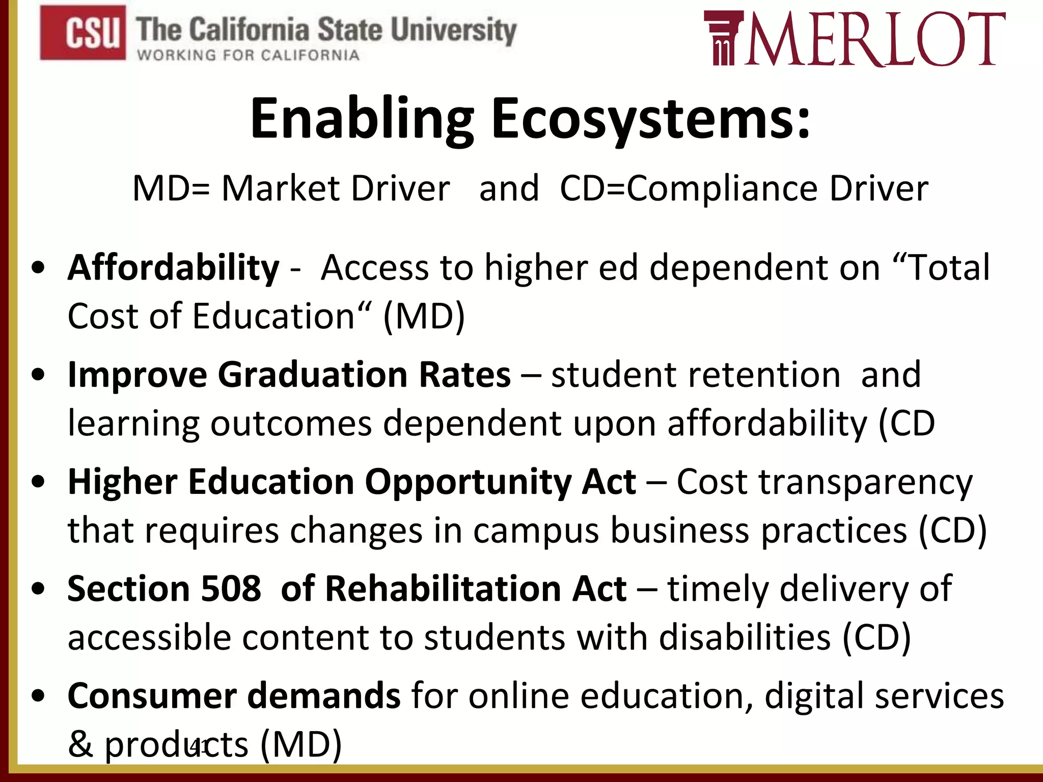 Enabling Ecosystems:
MD= Market Driver and CD=Compliance Driver

• Affordability - Access to higher ed dependent on “Total
Cost of Education“ (MD)
• Improve Graduation Rates – student retention and
learning outcomes dependent upon affordability (CD
• Higher Education Opportunity Act – Cost transparency
that requires changes in campus business practices (CD)
• Section 508 of Rehabilitation Act – timely delivery of
accessible content to students with disabilities (CD)
• Consumer demands for online education, digital services
41
& products (MD)

 