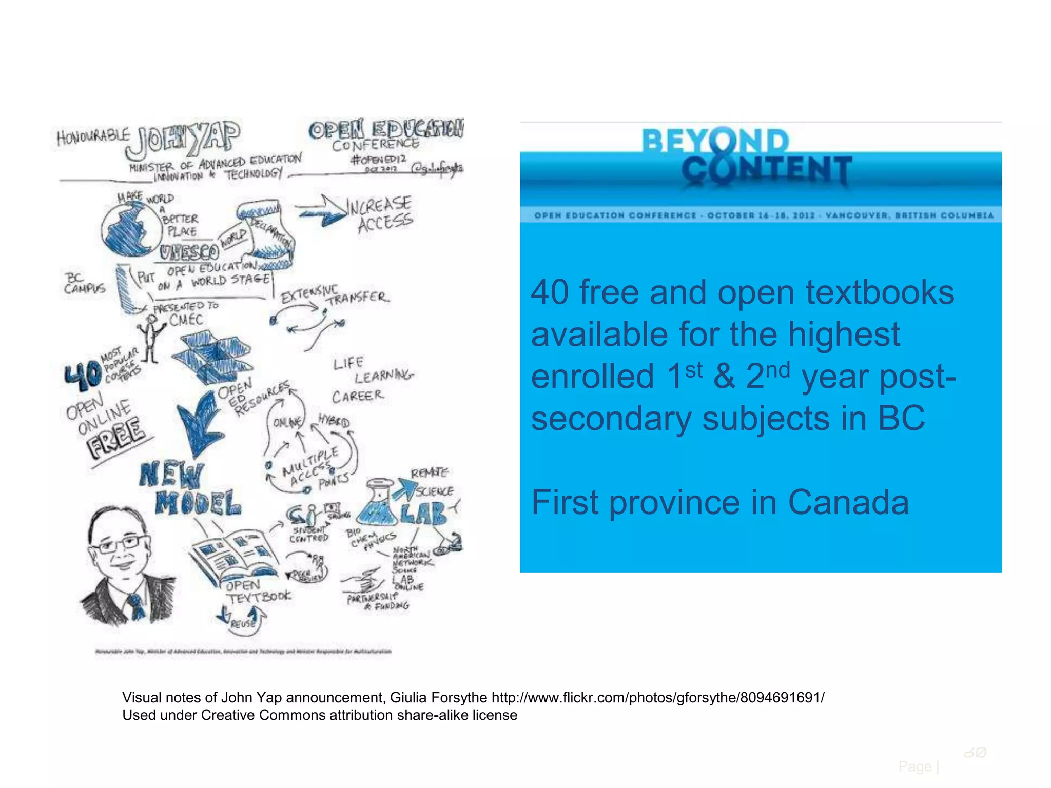 40 free and open textbooks
available for the highest
enrolled 1st & 2nd year postsecondary subjects in BC
First province in Canada

Visual notes of John Yap announcement, Giulia Forsythe http://www.flickr.com/photos/gforsythe/8094691691/
Used under Creative Commons attribution share-alike license
60
Page |

 