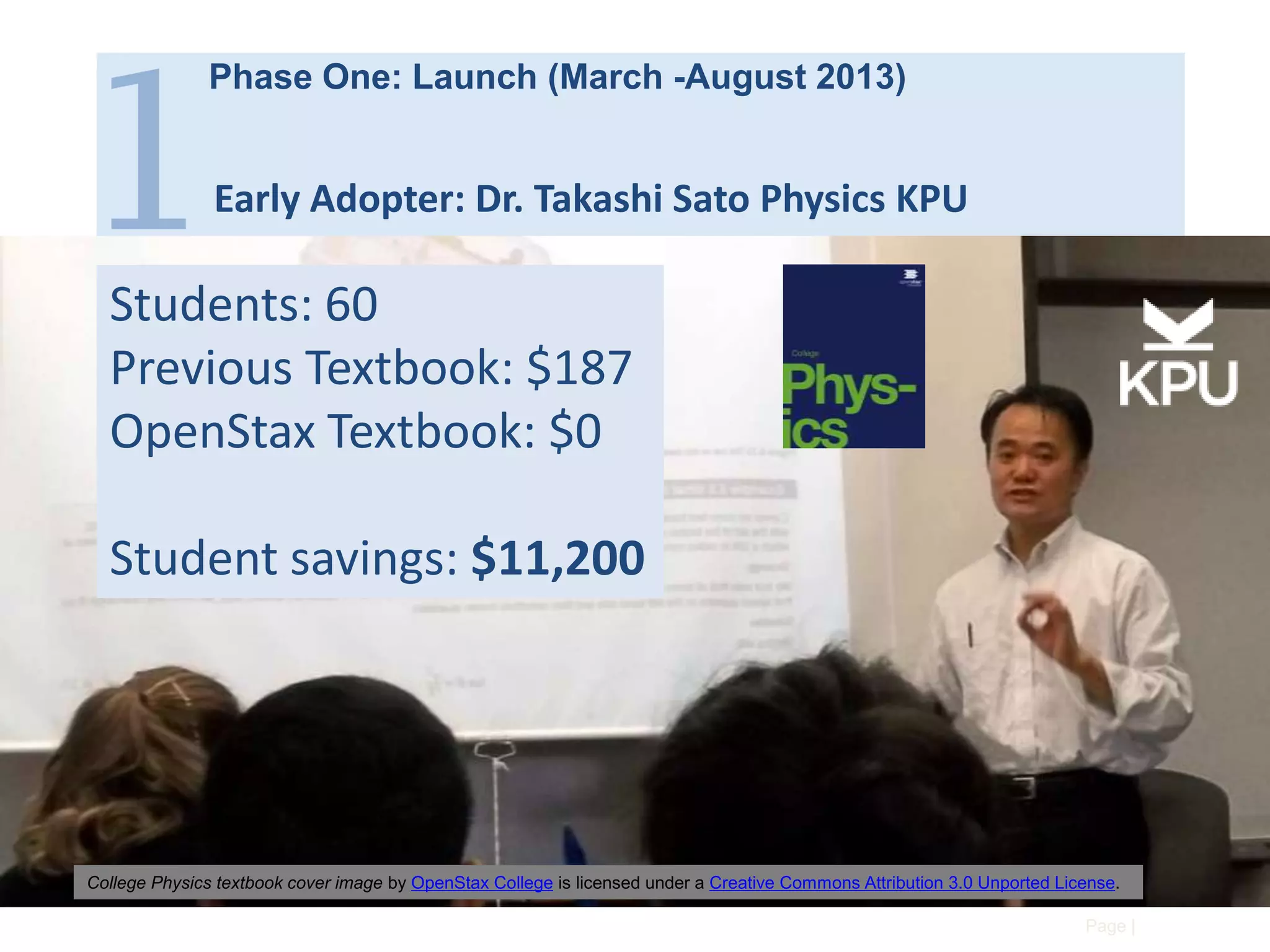 1

Phase One: Launch (March -August 2013)

Early Adopter: Dr. Takashi Sato Physics KPU

Students: 60
Previous Textbook: $187
OpenStax Textbook: $0
Student savings: $11,200

College Physics textbook cover image by OpenStax College is licensed under a Creative Commons Attribution 3.0 Unported License.
Page |

 