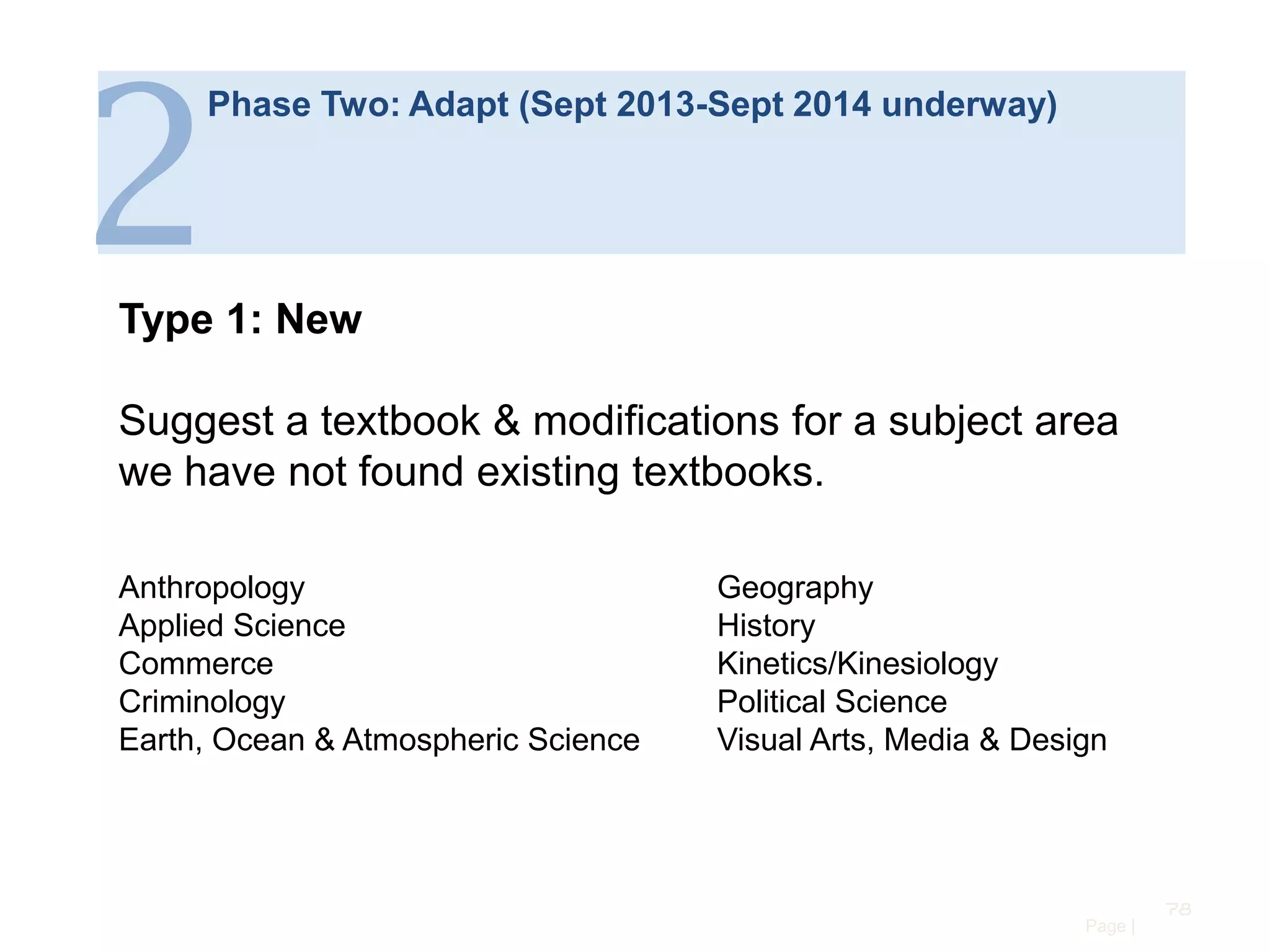 2

Phase Two: Adapt (Sept 2013-Sept 2014 underway)

Type 1: New
Suggest a textbook & modifications for a subject area
we have not found existing textbooks.
Anthropology
Applied Science
Commerce
Criminology
Earth, Ocean & Atmospheric Science

Geography
History
Kinetics/Kinesiology
Political Science
Visual Arts, Media & Design

78
Page |

 