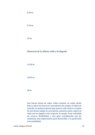 8,50 m

9,14 m.

35 m.

Distancia de la última valla a la llegada

15,50 m.

14,02 m.

40 m.

Una buena forma de saltar vallas consiste en saltar desde
lejos y salvar las barreras suavemente sin romper el ritmo de
zancada. La primera pierna que pasa la valla vuelve a la pista
de una forma rápida; la otra pierna, mientras tanto, supera la
valla casi en ángulo recto respecto al cuerpo. Gran velocidad
de carrera, flexibilidad y una gran coordinación son los
elementos más importantes para desarrollar a la perfección
esta modalidad.
Castro rodríguez, Richard

32

 