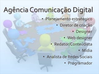 Agência Comunicação Digital
• Planejamento estratégico
• Diretor de criação
• Designer
• Web designer
• Redator/Conteúdista
• Mídia
• Analista de Redes Sociais
• Programador
 