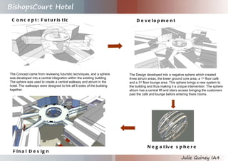 Concept: Futuristic Development   Negative sphere The Concept came from reviewing futuristic techniques, and a sphere was developed into a central integration within the existing building. The sphere was used to create a central walkway and atrium in the hotel. The walkways were designed to link all 6 sides of the building together. The Design developed into a negative sphere which created three atrium areas, the lower ground core area, a 1 st  floor café and a 3 rd  floor lounge area. This sphere brings a new system to the building and thus making it a unique intervention. The sphere atrium has a central lift and stairs access bringing the customers past the café and lounge before entering there rooms. Final Design  