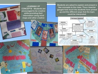 Students are asked to explain and present a
      LEARNING OF
                             few concepts to the class. Thus a teacher
CONCEPTS -Students are
                            gauges how much the students have picked
encouraged to be creative
                              up and the different ways that the topic
   while providing their
                                       could be interpreted.
 information using mind
 maps and other creative
          ways.
 
