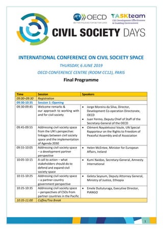 1
INTERNATIONAL CONFERENCE ON CIVIL SOCIETY SPACE
THURSDAY, 6 JUNE 2019
OECD CONFERENCE CENTRE (ROOM CC12), PARIS
Final Programme
Time Session Speakers
09:00–09:30 Registration
09:30-10:35 Session 1: Opening
09:30-09:45 Welcome remarks &
our approach to working with
and for civil society
 Jorge Moreira da Silva, Director,
Development Co-operation Directorate,
OECD
 Juan Yermo, Deputy Chief of Staff of the
Secretary-General of the OECD
09:45-09:55 Addressing civil society space
from the UN’s perspective:
linkages between civil society
space and the implementation
of Agenda 2030
 Clément Nayaletsossi Voule, UN Special
Rapporteur on the Rights to Freedom of
Peaceful Assembly and of Association
09:55-10:05 Addressing civil society space
– a development partner
perspective
 Helen McEntee, Minister for European
Affairs, Ireland
10:05-10:15 A call to action – what
stakeholders should do to
defend and expand civil
society space
 Kumi Naidoo, Secretary-General, Amnesty
International
10:15-10:25 Addressing civil society space
– a partner country
government perspective
 Geleta Seyoum, Deputy Attorney General,
Ministry of Justice, Ethiopia
10:25-10:35 Addressing civil society space
– perspectives of CSOs from
partner countries in the Pacific
 Emele Duituturaga, Executive Director,
PIANGO
10:35-11:00 Coffee/Tea Break
 
