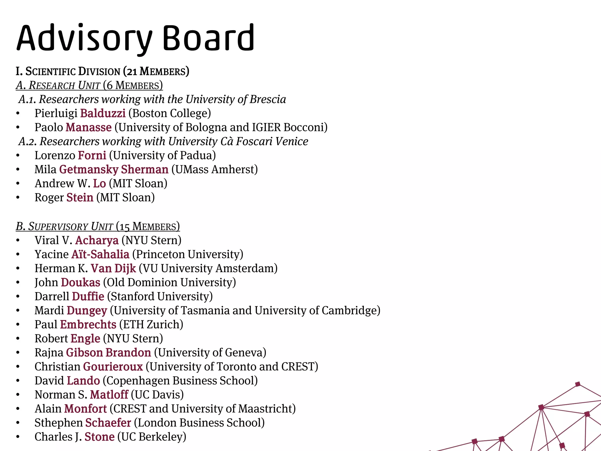 Consortium
Our team (40 full-time researchers)
I. UNIVERSITY OF BRESCIA
• Roberto Savona
(Primary and Scientific Coordinator)
• Maurizio Carpita
• Chiara Carini
• Marica Manisera
• Marco Sandri
• Marika Vezzoli
• Flaminio Squazzoni
• Paola Zuccolotto
• Enrico Ciavolino (University of Salento)
• Silvia Figini (University of Pavia)
II. CENTRE NATIONAL DE LA RECHERCHE SCIENTIFIQUE
• Philippe de Peretti
• Jorgen Vitting-Andersen
• Peter Addo
• Hayette Gatfaoui
• Dominique Guégan
• Rania Kaffel
• Lorenzo Frattarolo
• Liu Yifang
III. ATHENS UNIVERSITY OF ECONOMICS AND BUSINESS – RC
• Petros Dellaportas
• Efstathia Agelonidi
• Anastasios Plataniotis
• Ioannis Vrontos
IV. UNIVERSITY CA’ FOSCARI VENICE
• Monica Billio
(Scientific Coordinator)
• Loriana Pelizzon
• Diana Barro
• Roberto Casarin
• Michele Costola
• Fulvio Corsi
• Gloria Gardenal
• Martina Nardon
• Marcella Lucchetta
• Antonio Paradiso
• Domenico Sartore
• Massimiliano Caporin (University of Padova)
V. UNIVERSITY OF AMSTERDAM STICHTING VU-VUMC
• Andre Lucas
• Arjen Siegman
• Siem Jan Koopman
• Francisco Blasques
• Julia Schaumburg
• Dirk Schoenmaker
 
