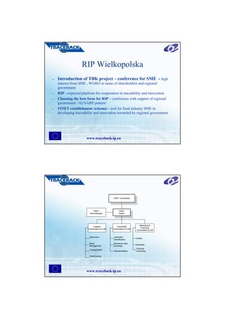 RIP Wielkopolska
•   Introduction of TBK project – conference for SME - high
    interest from SME , WGRO in name of shareholders and regional
    government
•   RIP - expected platform for cooperation in traceability and innovation
•   Choosing the best form for RIP – conference with support of regional
    government /ALNARP pattern/
•   FINET establishment /schema/ - tool for food industry SME in
    developing traceability and innovation rewarded by regional government




                      www.traceback-ip.eu




                                             FINET Coordinator




                           FINET                   FINET
                        Administration             Board




                                                                      Marketing 
                            Logistics            Traceability
                                                                       Financing
                       coordinated by ILiM   coordinated by ILiM
                                                                   coordinated by DB


                        Distribution          Automatic
                                                                   Credits
                                              Identification
                        Stock                Electrtonic Data
                                                                   Subsidies
                        Management           Exchange
                                                                   Financial
                        Transportation
                                              Standardization      Consulting

                        Warehousing




                      www.traceback-ip.eu
 