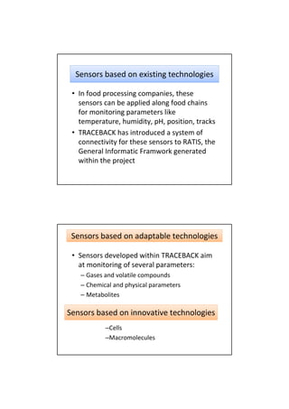 Sensors based on existing technologies

 • In food processing companies, these 
   sensors can be applied along food chains 
   for monitoring parameters like 
   temperature, humidity, pH, position, tracks
 • TRACEBACK has introduced a system of 
   connectivity for these sensors to RATIS, the 
   General Informatic Framwork generated 
   within the project




 Sensors based on adaptable technologies

 • Sensors developed within TRACEBACK aim 
   at monitoring of several parameters:
   – Gases and volatile compounds
   – Chemical and physical parameters 
   – Metabolites

Sensors based on innovative technologies
           –Cells
           –Macromolecules
 
