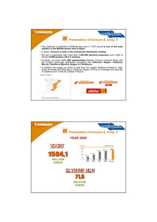 1   Presentation of Consum S. Coop. V

  The Valencian Cooperative CONSUM was born in 1975 and it is one of the main
  retailers in the Mediterranean area of Spain.
  In Spain, Consum is sixth in the commercial distribution ranking.
  We are a cooperative with more than 1.200.000 partners-customers and a staff of
  almost 10.000 workers (76,5 % women)
  Currently, we have nearly 600 supermarkets between Consum, Consum Basic and
  the Charter franchises distributed throughout the Valencian Region, Catalonia,
  Murcia, Castilla-La Mancha, Aragon and Andalucia.
  In addition, we supply our points of sale from six Logistic Platforms located in: Silla,
  Quart de Poblet and Ribarroja in Valencian Region, El Prat de Llobregat and Sant Boi
  in Catalonia and Torres de Cotillas in Murcia.
Regions of influence




       Consum’s supermarkets scope




                                     1   Presentation of Consum S. Coop. V

                                         YEAR 2009

                  6$/(6

                       MILLION
                        EUROS


                                     ,19(670 (17

                                            MILLION
                                             EUROS
 