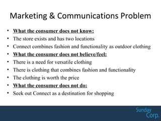 Marketing & Communications Problem
• What the consumer does not know:
• The store exists and has two locations
• Connect combines fashion and functionality as outdoor clothing
• What the consumer does not believe/feel:
• There is a need for versatile clothing
• There is clothing that combines fashion and functionality
• The clothing is worth the price
• What the consumer does not do:
• Seek out Connect as a destination for shopping
 