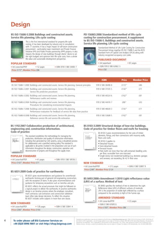 Design
    BS ISO 15686-5:2008 Buildings and constructed assets.                                             PD 156865:2008 Standardized method of life cycle
    Service life planning. Life cycle costing                                                         costing for construction procurement. A supplement
                    This is the first international standard for property life cycle                  to BS ISO 15686-5. Buildings and constructed assets.
                    costing. It has been developed by industry and in consultation                    Service life planning. Life cycle costing
                    with 17 countries. It has a major impact on all future construction                                          Standardized Method of Life Cycle Costing for Construction
                    procurement - particularly major investment and Private Finance                                              Procurement brings together BS ISO 15686-5 and the BCIS
                    Initiative (PFI) and Public-Private partnership (PPP) projects. It also                                      Standard Form of Capital Cost Analysis (SFCA) along with
                    impacts the design of new buildings through clients’ desire to set                                           industry recognized occupancy cost codes
                    the right budgets and optimize their life cycle costs, from a whole
                    life value and sustainable development perspective.                                                          PUBLISHED DOCUMENT
    POPULAR STANDARD                                                                                                             • A4 paperback                                       • 87 pages
    • A4 Loose-leaf/PDF       • 52 pages                   • ISBN 978 0 580 54083 7                                              • ISBN 978 0 580 62662 3
     Price £172*, Member Price £86                                                                                               Price £50



    Title                                                                                                                              ISBN                                Price                Member Price

    BS ISO 15686-1:2000 Buildings and constructed assets. Service life planning. General principles                          978 0 580 36496 8                             £172*                           £86
    BS ISO 15686-2:2001 Buildings and constructed assets. Service life planning.                                             978 0 580 37335 5                             £142*                           £71
                        Service life prediction procedures
    BS ISO 15686-3:2002 Buildings and constructed assets. Service life planning.                                             978 0 580 40324 6                             £162*                           £81
                        Performance audits and reviews
    BS ISO 15686-6:2004 Buildings and constructed assets. Service life planning.                                             978 0 580 44476 7                              £86*                           £43
                        Procedures for considering environmental impacts
    BS ISO 15686-7:2006 Buildings and constructed assets. Service life planning.                                             978 0 580 48028 3                             £142*                           £71
                        Performance evaluation for feedback of service life data from practice
    BS ISO 15686-8:2008 Buildings and constructed assets. Service-life planning.                                             978 0 580 53688 5                             £162*                           £81
                        Reference service life and service-life estimation


    BS 1192:2007 Collaborative production of architectural,                                           BS 8103-3:2009 Structural design of low-rise buildings.
    engineering and, construction information.                                                        Code of practice for timber floors and roofs for housing
    Code of practice                                                                                                             BS 8103-3 gives recommendations for the sizes of timber
                    This standard establishes the methodology for managing the                                                   elements, fixings, and their connections with masonry walls,
                    production, distribution and quality of construction information,                                            floors and roofs.
                    including that generated by CAD systems, using a disciplined process                                         BS 8103-3 applies to:
                    for collaboration and a specified naming policy. The standard is                                             • Detached houses
                    applicable to all parties involved in the preparation and use of such                                        • Semi-detached houses
                    information throughout the design, construction, operation and                                               • Terraced houses
                    deconstruction of projects and throughout the supply chain.                                                  • Flats (with not more than four self-contained dwelling units
                                                                                                                                    per floor, accessible from one staircase)
    POPULAR STANDARD                                                                                                             • Single-storey non-residential buildings e.g. domestic garages
                                                                                                                                    and annexes, not exceeding 36 m2 in floor area
    • A4 Loose-leaf/PDF       • 41 pages                   • ISBN 978 0 580 58556 2
     Price £142*, Member Price £71                                                                    NEW STANDARD
                                                                                                      • A4 Loose-leaf/PDF       • 212 pages                                           • ISBN 0 580 55897 9
                                                                                                       Price £248*, Member Price £124
    BS 6031:2009 Code of practice for earthworks
                    BS 6031 gives recommendations and guidance for unreinforced
                    earthworks forming part of general civil engineering construction,                BS 8493:2008+Amendment 1:2010 Light reflectance value
                    with the exception of dams. It also gives recommendations and
                    guidance for temporary excavations such as trenches and pits.
                                                                                                      (LRV) of a surface. Method of test
                    BS 6031 reflects the actual processes that might be followed on                                              BS 8493 specifies the method of test to determine the Light
                    a typical project to deliver the earthworks. In practice earthworks                                          Reflectance Value (LRV) of different surfaces of materials.
                    design is an iterative process where the employer, consultant,                                               LRV is the proportion of visible light reflected by a surface
                    main contractor, sub-contractors and construction validation                                                 compared to the sensitivity to light of the human eye.
                    team often take design decisions. To reflect this situation
                    BS 6031 includes some subjects in more than one clause.                                                      AMENDED STANDARD
                                                                                                                                 • A4 Loose-leaf/PDF           • 22 pages
    NEW STANDARD                                                                                                                 • ISBN 0 580 67695 6
    • A4 Loose-leaf/PDF       • 128 pages                  • ISBN 0 580 53841 4                                                  Price £183*, Member Price £86
     Price £206*, Member Price £103



                                                                                         Standards and publications may also be ordered via the BSI shop at http://shop.bsigroup.com *P&P £5.95 UK (inclusive of VAT); £9.95 Rest of
4     To order please call BSI Customer Services on                                      the World (+VAT if applicable) – one-off charge added to your order of 10 items or fewer. FREE P&P to BSI Subscribing Members. Pre-payment is
                                                                                         required by non-Members. VAT is applicable to all purchases of PDF downloads, CDs, DVDs, other electronic products and Conferences and
      +44 (0)20 8996 9001 or visit http://shop.bsigroup.com                              Training Courses. All prices, content and publishing dates may be subject to change. For details of BSI Membership, call +44 (0)20 8996 9001.
 