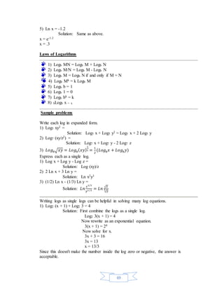 69 
5) Ln x = -1.2 
Solution: Same as above. 
x = e-1.2 
x = .3 
Laws of Logarithms 
1) Logb MN = Logb M + Logb N 
2) Logb M/N = Logb M - Logb N 
3) Logb M = Logb N if and only if M = N 
4) Logb Mk = k Logb M 
5) Logb b = 1 
6) Logb 1 = 0 
7) Logb bk = k 
8) bLogb x = x 
Sample problems 
Write each log in expanded form. 
1) Log5 xy2 = 
Solution: Log5 x + Log5 y2 = Log5 x + 2 Log5 y 
2) Log7 (xy/z2) = 
Solution: Log7 x + Log7 y - 2 Log7 z 
3) 퐿표푔8√푥푦 = 퐿표푔8(푥푦) 
1 
2 = 1 
2 
(퐿표푔8푥 + 퐿표푔8푦) 
Express each as a single log. 
1) Log x + Log y - Log z = 
Solution: Log (xy)/z 
2) 2 Ln x + 3 Ln y = 
Solution: Ln x2y3 
3) (1/2) Ln x - (1/3) Ln y = 
Solution: 퐿푛 푥1/2 
푦1/3 = 퐿푛 √푥 
√푦 3 
Writing logs as single logs can be helpful in solving many log equations. 
1) Log2 (x + 1) + Log2 3 = 4 
Solution: First combine the logs as a single log. 
Log2 3(x + 1) = 4 
Now rewrite as an exponential equation. 
3(x + 1) = 24 
Now solve for x. 
3x + 3 = 16 
3x = 13 
x = 13/3 
Since this doesn't make the number inside the log zero or negative, the answer is 
acceptable. 
 