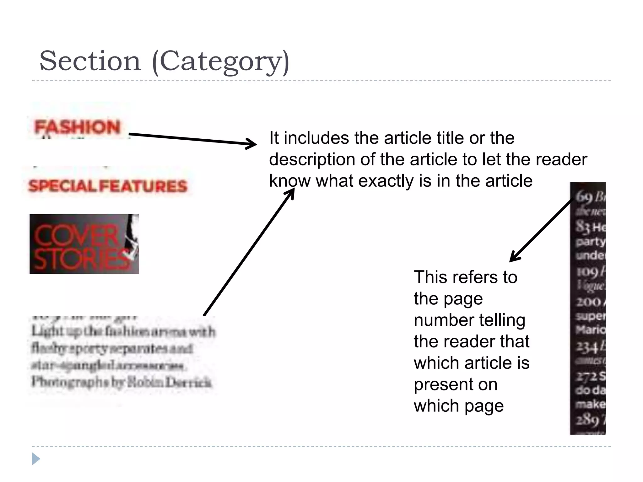Section (Category)
It includes the article title or the
description of the article to let the reader
know what exactly is in the article
This refers to
the page
number telling
the reader that
which article is
present on
which page
 