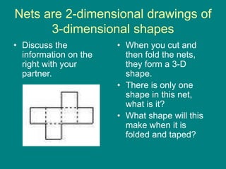 Nets are 2-dimensional drawings of
3-dimensional shapes
• Discuss the
information on the
right with your
partner.
• When you cut and
then fold the nets,
they form a 3-D
shape.
• There is only one
shape in this net,
what is it?
• What shape will this
make when it is
folded and taped?
 