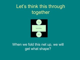Let’s think this through
together
When we fold this net up, we will
get what shape?
 