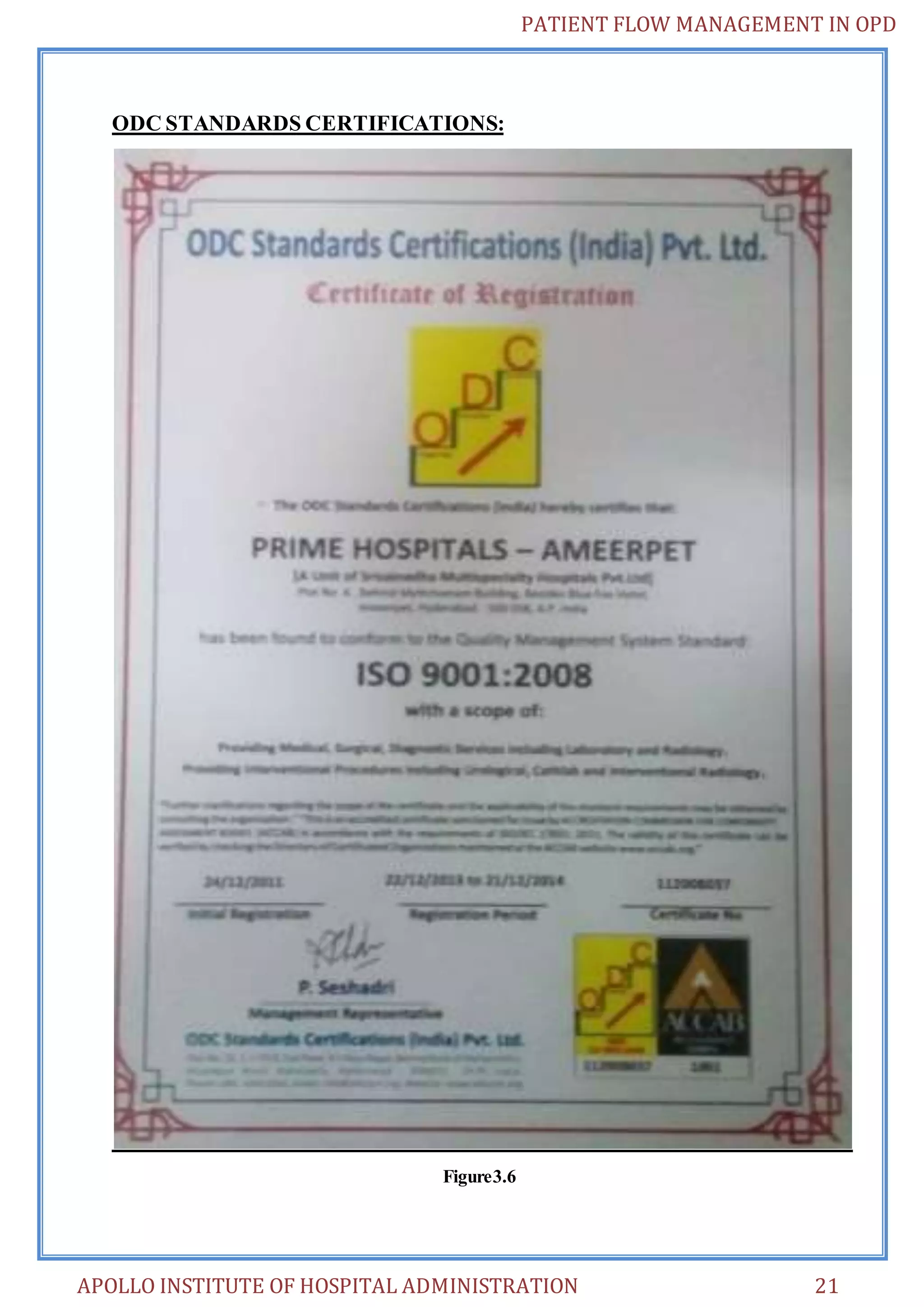 PATIENT FLOW MANAGEMENT IN OPD 
ODC STANDARDS CERTIFICATIONS: 
Figure3.6 
APOLLO INSTITUTE OF HOSPITAL ADMINISTRATION 21 
 