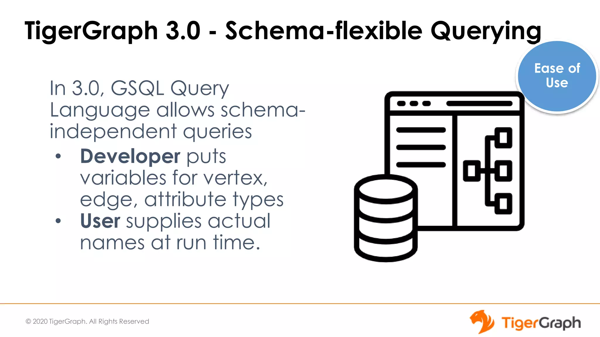 © 2020 TigerGraph. All Rights Reserved
TigerGraph 3.0 - Schema-flexible Querying
In 3.0, GSQL Query
Language allows schema-
independent queries
• Developer puts
variables for vertex,
edge, attribute types
• User supplies actual
names at run time.
Ease of
Use
 