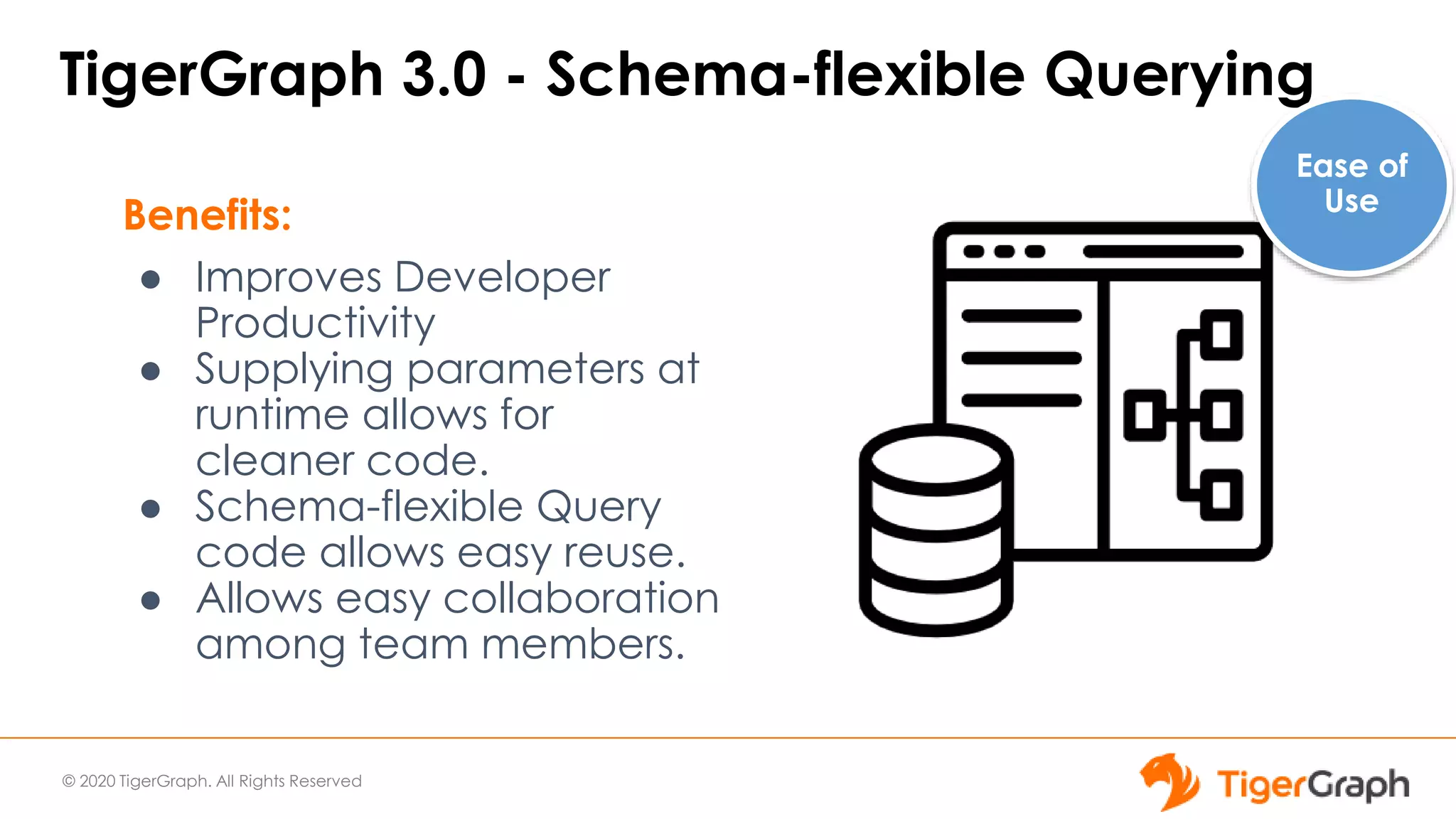 © 2020 TigerGraph. All Rights Reserved
TigerGraph 3.0 - Schema-flexible Querying
Benefits:
● Improves Developer
Productivity
● Supplying parameters at
runtime allows for
cleaner code.
● Schema-flexible Query
code allows easy reuse.
● Allows easy collaboration
among team members.
Ease of
Use
 