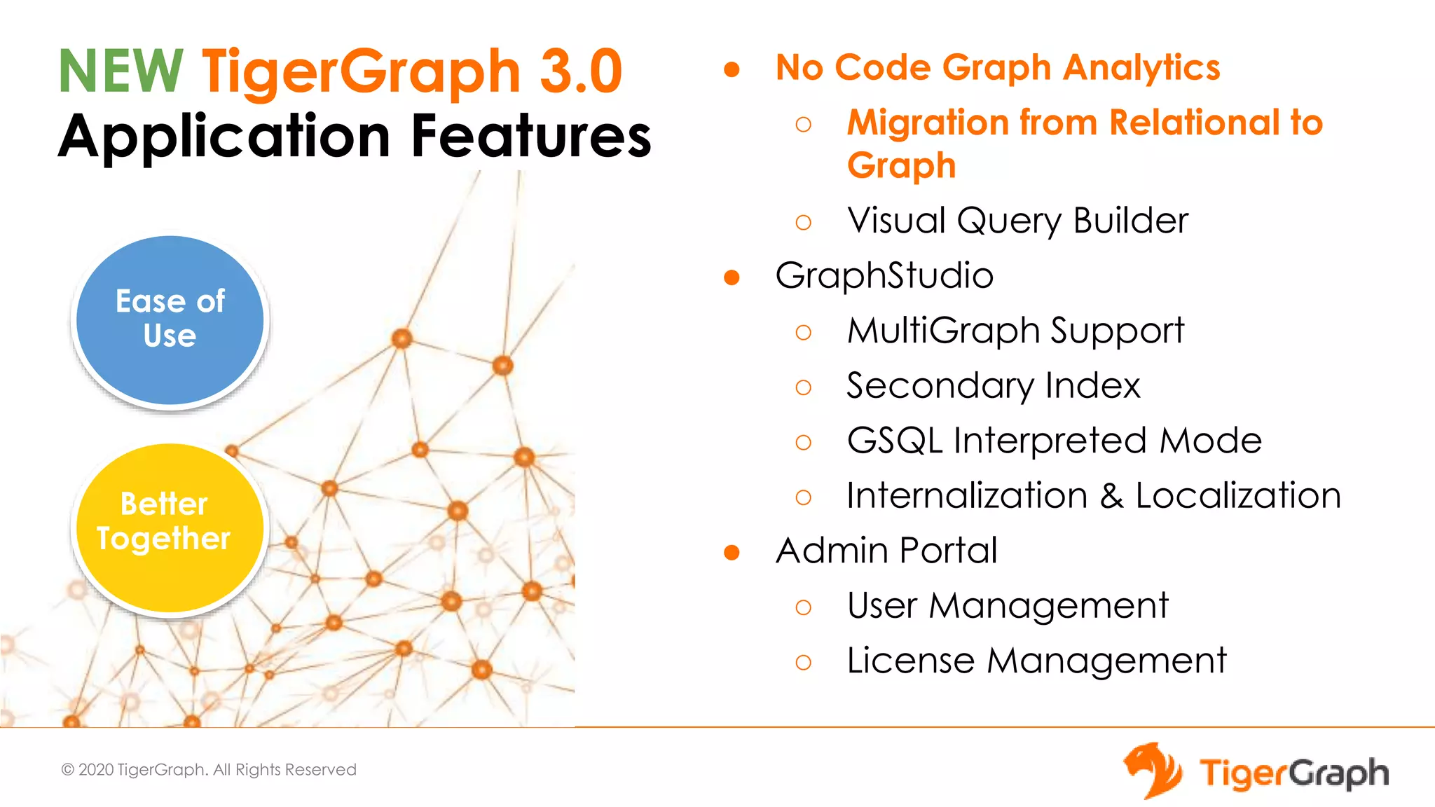 © 2020 TigerGraph. All Rights Reserved
NEW TigerGraph 3.0
Application Features
● No Code Graph Analytics
○ Migration from Relational to
Graph
○ Visual Query Builder
● GraphStudio
○ MultiGraph Support
○ Secondary Index
○ GSQL Interpreted Mode
○ Internalization & Localization
● Admin Portal
○ User Management
○ License Management
Ease of
Use
Better
Together
 