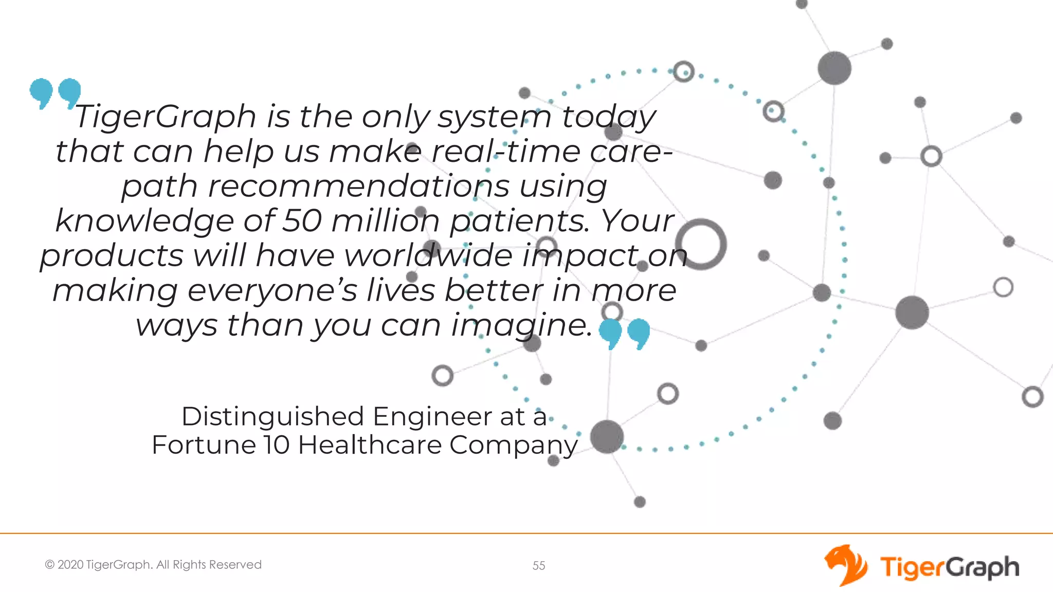 © 2020 TigerGraph. All Rights Reserved
TigerGraph is the only system today
that can help us make real-time care-
path recommendations using
knowledge of 50 million patients. Your
products will have worldwide impact on
making everyone’s lives better in more
ways than you can imagine.
Distinguished Engineer at a
Fortune 10 Healthcare Company
55
 