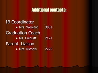 Additional contacts:
IB Coordinator
 Mrs. Woolard 3031
Graduation Coach
 Ms. Colquitt 2121
Parent Liaison
 Mrs. Nichols 2225
 