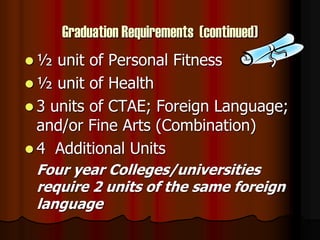 Graduation Requirements (continued)
 ½ unit of Personal Fitness
 ½ unit of Health
 3 units of CTAE; Foreign Language;
and/or Fine Arts (Combination)
 4 Additional Units
Four year Colleges/universities
require 2 units of the same foreign
language
 