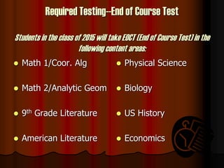 Required Testing--End of Course Test
Students in the class of 2015 will take EOCT (End of Course Test) in the
following co...