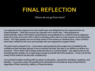 SOLUTIONS IMPROVEMENT AREA #33A – Instruction and SupervisionMarshall (2005) makes several recommendations for Supervision and Evaluation – All of these could be implemented in the current revision of the secondary buildings evaluation procedures.Make sure the basics are in place: time for teams to engage in common planning and establish crystal clear expectations for teaching and learningPrincipals should systematically visit classrooms: fifteen 10-15 minute observations should be made throughout the year focusing on the expectations established in partnership between teacher teams and administrationPrompt face-to-face feedback should be providedConsider encouraging teacher teams to develop common unit plans and evaluate the entire unit plan through lesson investigations and visits – better to observe an entire unit of teachers working together than each teacher once in isolationRequire teams of teachers to give interim assessments focusing on standards covered and include in evaluationsCreate a professional learning culture in the school – establish small cohorts of teachers to be trained through an embedded professional development program