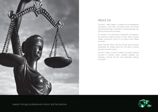 About Us
                                                         Founded in 1989, Insight is a leading HR and Management
                                                         Consultancy in both public and private sectors. We provide
                                                         these services through a combination of cutting edge ideas, and
                                                         practical solutions and procedures.

                                                         As members of the Recruitment Employment Confederation,
                                                         we observe the highest principals of ethics, ethos, business
                                                         integrity, professional conduct & fair practice when dealing
                                                         with others.

                                                         Insight Executive Search was born through strong business
                                                         partnerships with existing clients and now offers an exciting
                                                         executive recruitment service.

                                                         We offer a variety of search & selection recruitment methods
                                                         according to business needs, candidate availability and
                                                         timescales, ensuring that the most appropriate methods
                                                         are adopted.




respect through professional conduct and fair practice
 