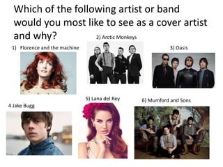 Which of the following artist or band
would you most like to see as a cover artist
and why?
1) Florence and the machine
5) Lana del Rey
2) Arctic Monkeys
3) Oasis
4 Jake Bugg
6) Mumford and Sons
