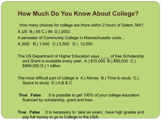 How Much Do You Know About College?
How many choices for college are there within 2 hours of Salem, MA?
A.)25 B.) 55 C.) 99 D.) 2002
A semester of Community College in Massachusetts costs…
A.)500 B.) 1,000 C.) 5,500 D.) 12,000
The US Department of Higher Education says ____ of free Scholarship
and Grant is available every year. A.) $10,000 B.) $50,000 C.)
$999,000 D.) 1 billion
The most difficult part of college is A.) Money B.) Time to study C.)
Space to study D.) A,B & C
True False It is possible to get 100% of your college education
financed by scholarship, grant and loan.
True False It is necessary to take an exam, have high grades and
pay full money to go to College in the USA.
 
