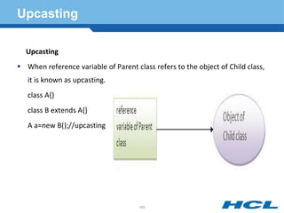 Upcasting
Upcasting
 When reference variable of Parent class refers to the object of Child class,
it is known as upcasting.
class A{}
class B extends A{}
A a=new B();//upcasting
165
 