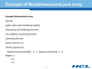 Example of Multidimensional java array
Example 2Dimensional array.
class B{
public static void main(String args[]){
//declaring and initializing 2D array
int arr[][]={{1,2,3},{2,4,5},{4,4,5}};
//printing 2D array
for(int i=0;i<3;i++){
for(int j=0;j<3;j++){
System.out.print(arr[i][j]+" "); } System.out.println(); } }}
Output:1 2 3
2 4 5
4 4 5
210
 