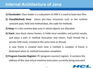 Internal Architecture of Java
1) Classloader: Class loader is a subsystem of JVM it is used to load class files.
2) Class(Method) Area: stores per-class structures such as the runtime
constant pool, field and method data, the code for methods.
3) Heap: It is the runtime data area in which objects are allocated.
4) Stack: Java Stack stores frames. It holds local variables and partial results,
and plays a part in method invocation and return. Each thread has a
private JVM stack, created at the same time as thread.
A new frame is created each time a method is invoked. A frame is
destroyed when its method invocation completes.
5) Program Counter Register: PC (program counter) register. It contains the
address of the Java virtual machine instruction currently being executed.
39
 
