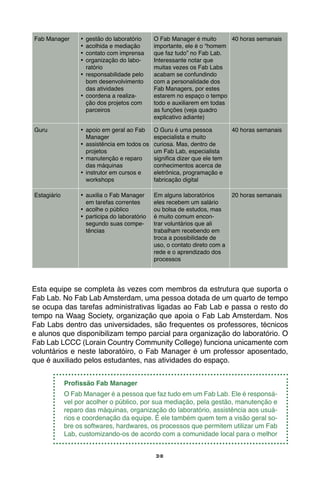 38
Fab Manager •	 gestão do laboratório
•	 acolhida e mediação
•	 contato com imprensa
•	 organização do labo-
ratório
•	 responsabilidade pelo
bom desenvolvimento
das atividades
•	 coordena a realiza-
ção dos projetos com
parceiros
O Fab Manager é muito
importante, ele é o “homem
que faz tudo” no Fab Lab.
Interessante notar que
muitas vezes os Fab Labs
acabam se confundindo
com a personalidade dos
Fab Managers, por estes
estarem no espaço o tempo
todo e auxiliarem em todas
as funções (veja quadro
explicativo adiante)
40 horas semanais
Guru •	 apoio em geral ao Fab
Manager
•	 assistência em todos os
projetos
•	 manutenção e reparo
das máquinas
•	 instrutor em cursos e
workshops
O Guru é uma pessoa
especialista e muito
curiosa. Mas, dentro de
um Fab Lab, especialista
significa dizer que ele tem
conhecimentos acerca de
eletrônica, programação e
fabricação digital
40 horas semanais
Estagiário •	 auxilia o Fab Manager
em tarefas correntes
•	 acolhe o público
•	 participa do laboratório
segundo suas compe-
tências
Em alguns laboratórios
eles recebem um salário
ou bolsa de estudos, mas
é muito comum encon-
trar voluntários que ali
trabalham recebendo em
troca a possibilidade de
uso, o contato direto com a
rede e o aprendizado dos
processos
20 horas semanais
Esta equipe se completa às vezes com membros da estrutura que suporta o
Fab Lab. No Fab Lab Amsterdam, uma pessoa dotada de um quarto de tempo
se ocupa das tarefas administrativas ligadas ao Fab Lab e passa o resto do
tempo na Waag Society, organização que apoia o Fab Lab Amsterdam. Nos
Fab Labs dentro das universidades, são frequentes os professores, técnicos
e alunos que disponibilizam tempo parcial para organização do laboratório. O
Fab Lab LCCC (Lorain Country Community College) funciona unicamente com
voluntários e neste laboratóiro, o Fab Manager é um professor aposentado,
que é auxiliado pelos estudantes, nas atividades do espaço.
Profissão Fab Manager
O Fab Manager é a pessoa que faz tudo em um Fab Lab. Ele é responsá-
vel por acolher o público, por sua mediação, pela gestão, manutenção e
reparo das máquinas, organização do laboratório, assistência aos usuá-
rios e coordenação da equipe. É ele também quem tem a visão geral so-
bre os softwares, hardwares, os processos que permitem utilizar um Fab
Lab, customizando-os de acordo com a comunidade local para o melhor
 