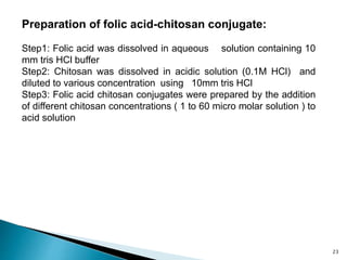 Preparation of folic acid-chitosan conjugate:
Step1: Folic acid was dissolved in aqueous solution containing 10
mm tris HCl buffer
Step2: Chitosan was dissolved in acidic solution (0.1M HCl) and
diluted to various concentration using 10mm tris HCl
Step3: Folic acid chitosan conjugates were prepared by the addition
of different chitosan concentrations ( 1 to 60 micro molar solution ) to
acid solution
23
 
