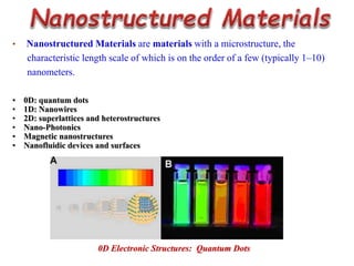 • Nanostructured Materials are materials with a microstructure, the
characteristic length scale of which is on the order of a few (typically 1–10)
nanometers.
• 0D: quantum dots
• 1D: Nanowires
• 2D: superlattices and heterostructures
• Nano-Photonics
• Magnetic nanostructures
• Nanofluidic devices and surfaces
0D Electronic Structures: Quantum Dots
 