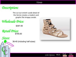 Description:
Sizes:
Retail Price:
$795.00
Color Options: Nude Pink
The cut out stretch suede detail of
the Vernie creates a modern and
graphic flat strappy sandal.
Black
Vernie
Wholesale Price:
36-40 (including half sizes)
$397.50
 