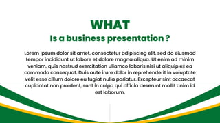 WHAT
Is a business presentation ?
Lorem ipsum dolor sit amet, consectetur adipiscing elit, sed do eiusmod
tempor incididunt ut labore et dolore magna aliqua. Ut enim ad minim
veniam, quis nostrud exercitation ullamco laboris nisi ut aliquip ex ea
commodo consequat. Duis aute irure dolor in reprehenderit in voluptate
velit esse cillum dolore eu fugiat nulla pariatur. Excepteur sint occaecat
cupidatat non proident, sunt in culpa qui officia deserunt mollit anim id
est laborum.
 