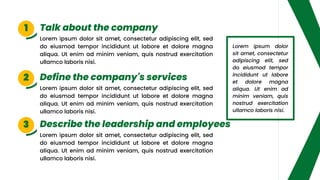 Lorem ipsum dolor sit amet, consectetur adipiscing elit, sed
do eiusmod tempor incididunt ut labore et dolore magna
aliqua. Ut enim ad minim veniam, quis nostrud exercitation
ullamco laboris nisi.
Lorem ipsum dolor
sit amet, consectetur
adipiscing elit, sed
do eiusmod tempor
incididunt ut labore
et dolore magna
aliqua. Ut enim ad
minim veniam, quis
nostrud exercitation
ullamco laboris nisi.
Lorem ipsum dolor sit amet, consectetur adipiscing elit, sed
do eiusmod tempor incididunt ut labore et dolore magna
aliqua. Ut enim ad minim veniam, quis nostrud exercitation
ullamco laboris nisi.
Lorem ipsum dolor sit amet, consectetur adipiscing elit, sed
do eiusmod tempor incididunt ut labore et dolore magna
aliqua. Ut enim ad minim veniam, quis nostrud exercitation
ullamco laboris nisi.
Talk about the company
Describe the leadership and employees
Define the company's services
1
3
2
 