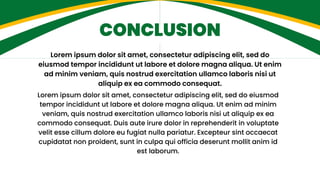 CONCLUSION
Lorem ipsum dolor sit amet, consectetur adipiscing elit, sed do
eiusmod tempor incididunt ut labore et dolore magna aliqua. Ut enim
ad minim veniam, quis nostrud exercitation ullamco laboris nisi ut
aliquip ex ea commodo consequat.
Lorem ipsum dolor sit amet, consectetur adipiscing elit, sed do eiusmod
tempor incididunt ut labore et dolore magna aliqua. Ut enim ad minim
veniam, quis nostrud exercitation ullamco laboris nisi ut aliquip ex ea
commodo consequat. Duis aute irure dolor in reprehenderit in voluptate
velit esse cillum dolore eu fugiat nulla pariatur. Excepteur sint occaecat
cupidatat non proident, sunt in culpa qui officia deserunt mollit anim id
est laborum.
 