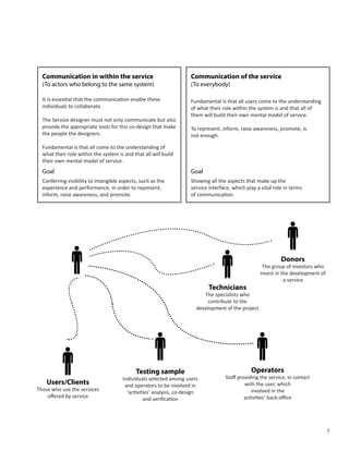 7
Communication in within the service
(To actors who belong to the same system)
Goal Goal
It is essential that the communication enable these
individuals to collaborate.
The Service designer must not only communicate but also
provide the appropriate tools for this co-design that make
the people the designers.
Fundamental is that all come to the understanding of
what their role within the system is and that all will build
their own mental model of service.
Conferring visibility to intangible aspects, such as the
experience and performance, in order to represent,
inform, raise awareness, and promote.
Communication of the service
(To everybody)
Fundamental is that all users come to the understanding
of what their role within the system is and that all of
them will build their own mental model of service.
To represent, inform, raise awareness, promote, is
not enough.
Showing all the aspects that make up the
service interface, which play a vital role in terms
of communication.
Donors
The group of investors who
invest in the development of
a service
Technicians
The specialists who
contribute to the
development of the project
Testing sample
Individuals selected among users
and operators to be involved in
‘activities’ analysis, co-design
and verification
Operators
Staff providing the service, in contact
with the user, which
involved in the
activities’ back-office
Users/Clients
Those who use the services
offered by service
 