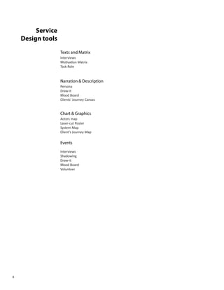 8
Texts and Matrix
Service
Design tools
Actors map
Laser-cut Poster
System Map
Client’s Journey Map
Persona
Draw-it
Mood Board
Clients’ Journey Canvas
Interviews
Shadowing
Draw-it
Mood Board
Volunteer
Interviews
Motivation Matrix
Task Role
Chart & Graphics
Narration & Description
Events
 