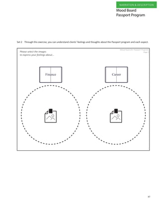 47
NARRATION & DESCRIPTION
Mood Board
Passport Program
Through this exercise, you can understand clients’ feelings and thoughts about the Passport program and each aspect.Set 2
 