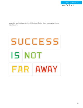 55
CHART & GRAPHICS
Laser Cut Poster
A branding tool that illustrates the COTS mission for the client, encouraging them to
move forward.
 