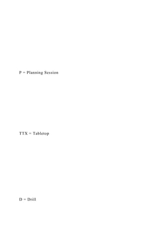 P = Planning Session
TTX = Tabletop
D = Drill
 